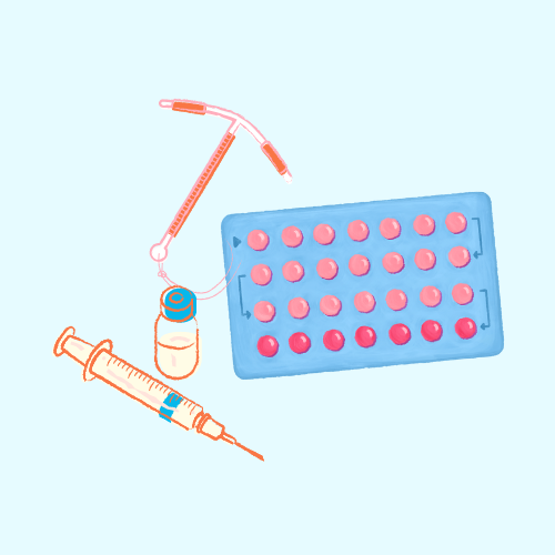 An IUD, contraceptive pills, and contraceptive injection