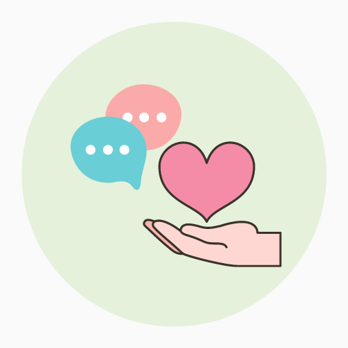 Two speech bubbles next to a cartoon heart on an open palm