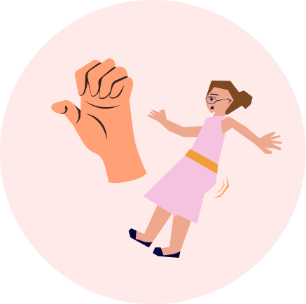 A hand with flexed fingers representing spasticity and a woman about to lose balance