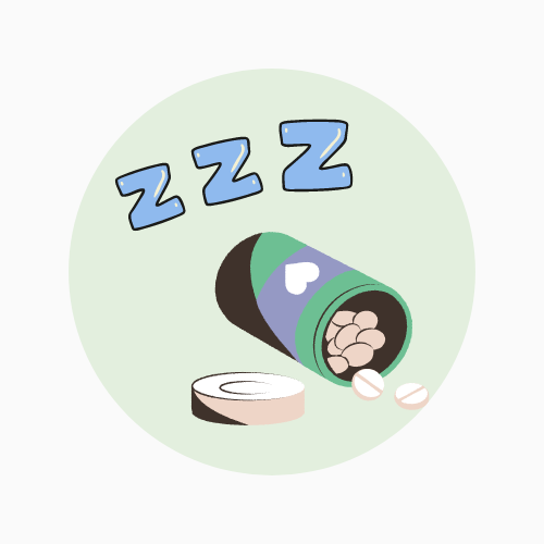 A sideways pill bottle with pills spilling out and "zzz" above it